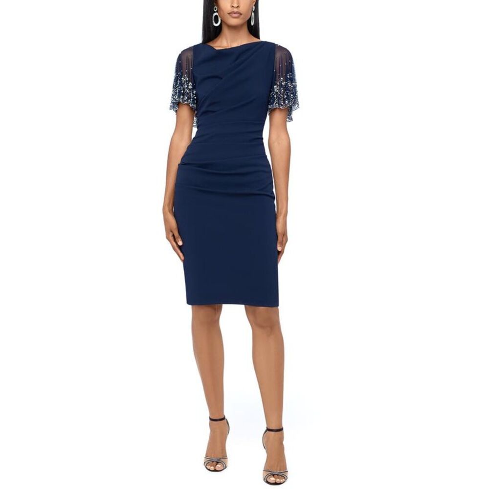 Betsy & Adam Navy Beaded Knee Length Flutter Sleeves Dress Wedding Guest  NWOT